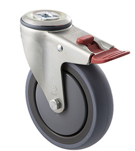 100kg Rated Industrial Castor - Grey Rubber Wheel - 125mm - Bolt Hole Brake - Ball Bearing