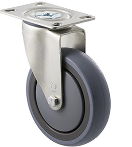 100kg Rated Industrial Castor - Grey Rubber Wheel - 125mm - Plate Swivel - Ball Bearing - ISO