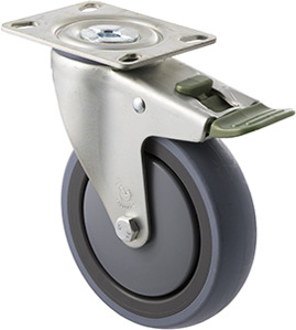 100kg Rated Industrial Castor - Grey Rubber Wheel - 125mm - Plate Directional Lock - Ball Bearing - NA