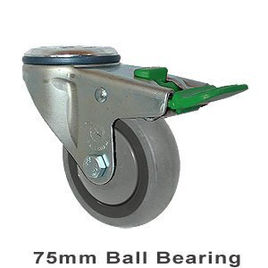 100kg Rated Industrial Castor - Grey Rubber Wheel - 75mm - Bolt Hole Directional Lock - Ball Bearing