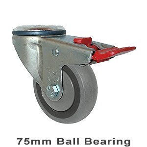 100kg Rated Industrial Castor - Grey Rubber Wheel - 75mm - Bolt Hole Brake - Ball Bearing