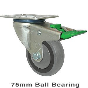 100kg Rated Industrial Castor - Grey Rubber Wheel - 75mm - Plate Directional Lock - Ball Bearing - NA