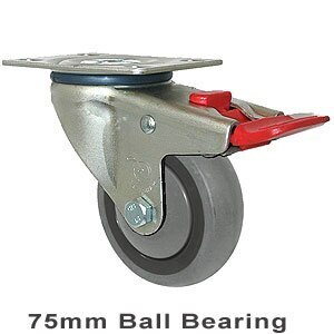 100kg Rated Industrial Castor - Grey Rubber Wheel - 75mm - Plate Brake - Ball Bearing - NA