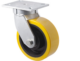 2000kg Rated Industrial Cast Iron Castor - Polyurethane on Cast Iron Wheel - 203mm - Plate Swivel - Ball Bearing