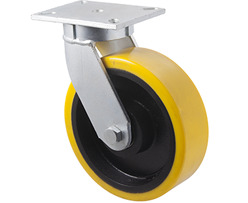 2000kg Rated Industrial Cast Iron Castor - Polyurethane on Cast Iron Wheel - 254mm - Plate Swivel - Ball Bearing