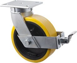 2000kg Rated Industrial Cast Iron Castor - Polyurethane on Cast Iron Wheel - 254mm - Plate Brake - Ball Bearing