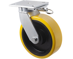 2000kg Rated Industrial Cast Iron Castor - Polyurethane on Cast Iron Wheel - 254mm - Plate Direction Lock - Ball Bearing