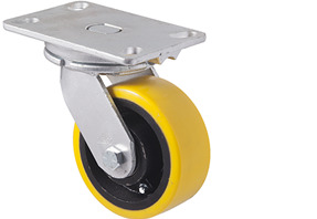 800kg Rated Industrial Cast Iron Castor - Polyurethane on Cast Iron Wheel - 127mm - Plate Swivel - Ball Bearing