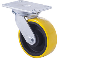 1000kg Rated Industrial Cast Iron Castor - Polyurethane on Cast Iron Wheel - 152mm - Plate Swivel - Ball Bearing