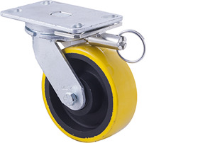 1000kg Rated Industrial Cast Iron Castor - Polyurethane on Cast Iron Wheel - 152mm - Plate Direction Lock - Ball Bearing