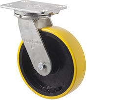 1000kg Rated Industrial Cast Iron Castor - Polyurethane on Cast Iron Wheel - 203mm - Plate Swivel - Ball Bearing