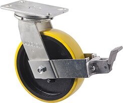1000kg Rated Industrial Cast Iron Castor - Polyurethane on Cast Iron Wheel - 203mm - Plate Brake - Ball Bearing