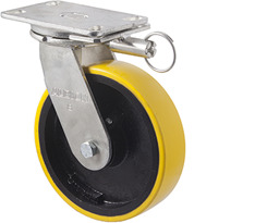 1000kg Rated Industrial Cast Iron Castor - Polyurethane on Cast Iron Wheel - 203mm - Plate Direction Lock - Ball Bearing