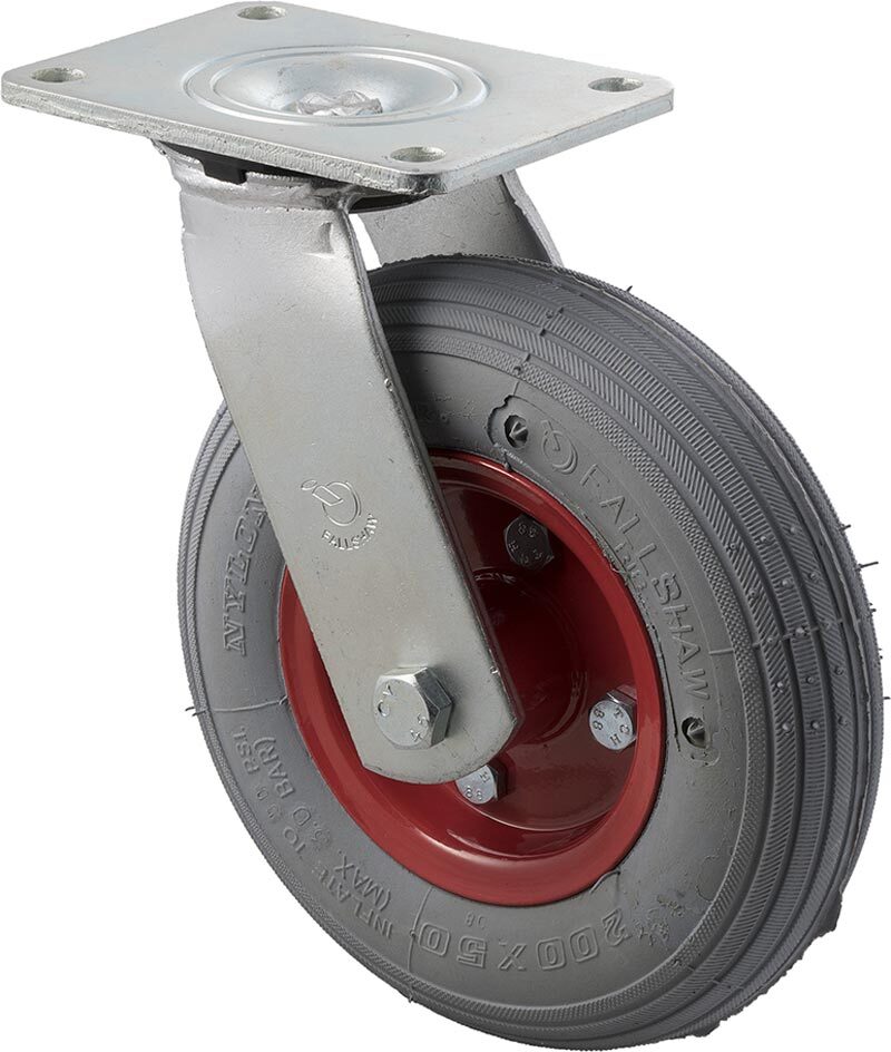 50kg Rated Industrial Castors - 200mm - Semi Pneumatic Wheel - Plate Swivel - ISO