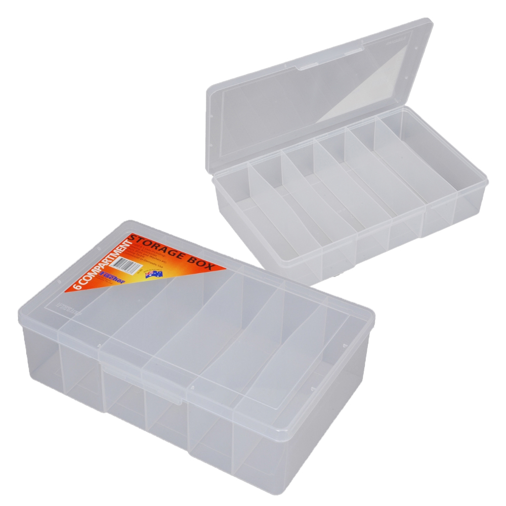 Fischer Clear Plastic Storage Box - 6 Compartments - 310 x 200 x 80mm