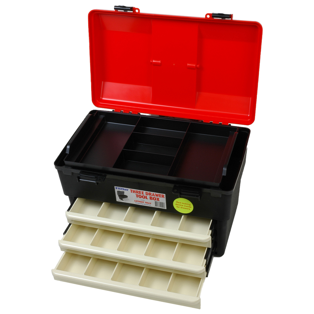 Fischer Small Plastic Utility Tool Box - 3 Drawers and Tray - 460 x 300 x 280mm