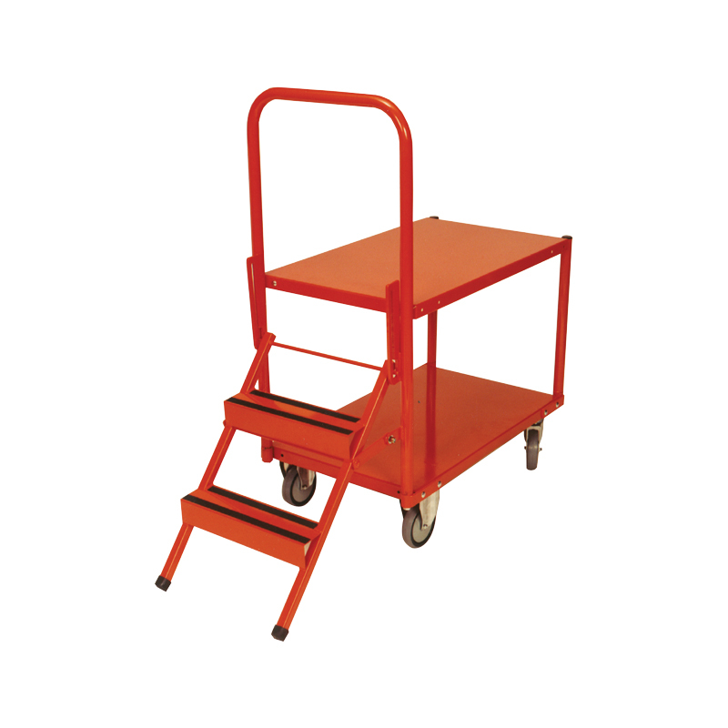 200kg Rated 2 Tier Platform Order Picking Trolley With Folding Ladder - 2 Step - 810 x 510mm 
