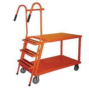 200kg Rated 2 Tier Platform Order Picking Trolley With Folding Ladder - 3 Step - 810 x 610mm 