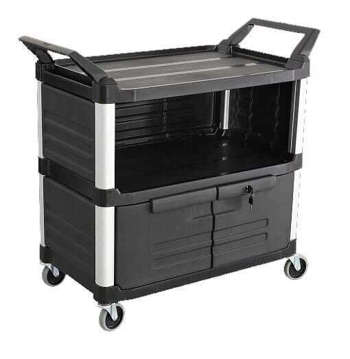 135kg Rated 3 Tier Utility Cart With Lockable Lower Drawer - Black