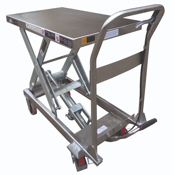 450kg Rated Manual Scissor Lift Trolley - 815 x 500mm Deck - 890mm Lift - Stainless Steel Top