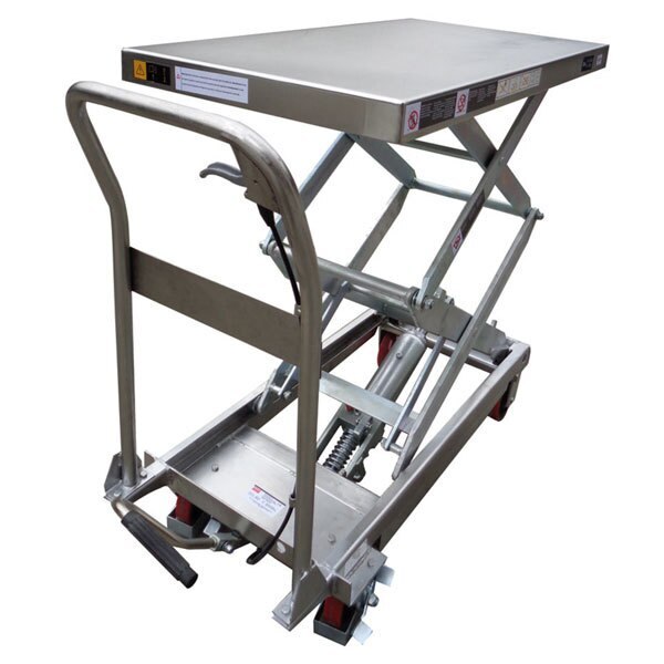 100kg Rated Manual Scissor Lift Trolley - 700 x 445mm Deck - 1220mm Lift - Stainless Steel Top