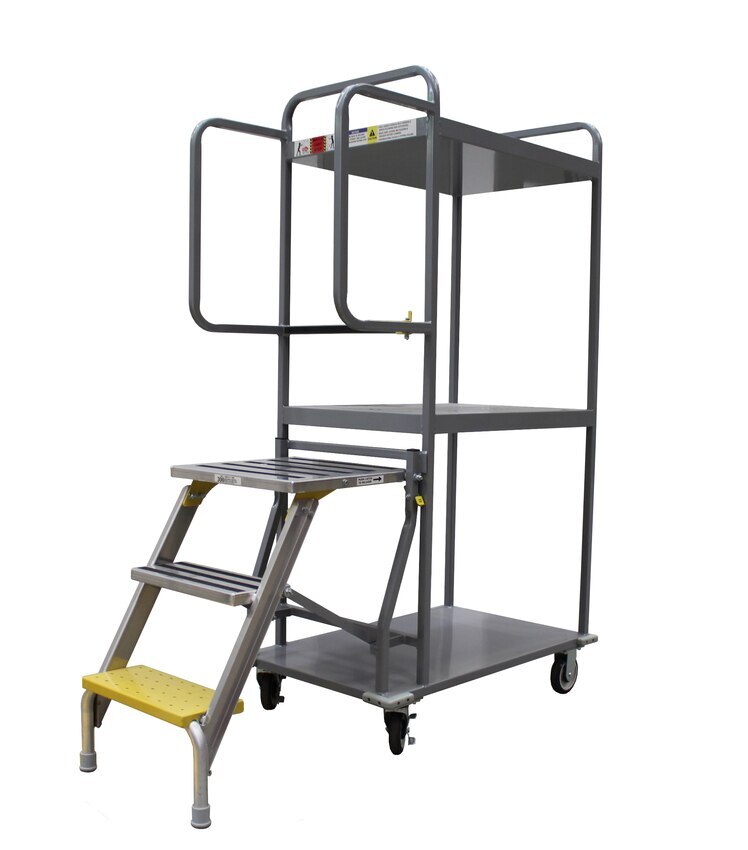 350kg Rated 3 Tier Platform Trolley With Fold Away Ladder - 2 Step - 810 x 580mm
