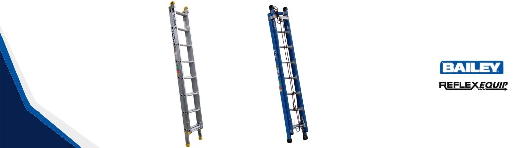 Bailey extension ladders in aluminum and fiberglass, ideal for high-reach tasks in trade and construction
