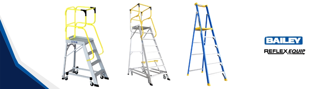 Bailey platform ladders and specialty ladders, designed for safe elevated work environments in warehouses and industrial settings