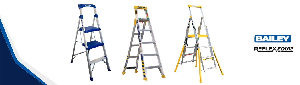 Bailey step ladders for home and commercial use, featuring sturdy aluminum and fiberglass options