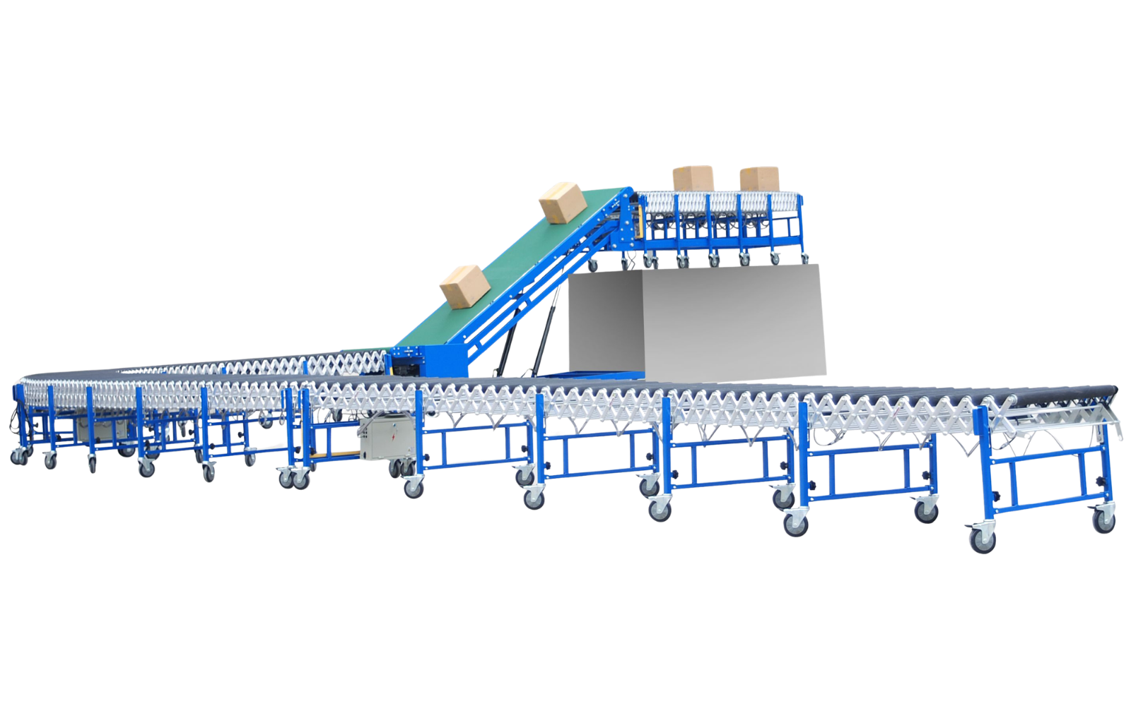 Custom conveyor loading system with dockless trailer loader and powered flexible roller conveyors