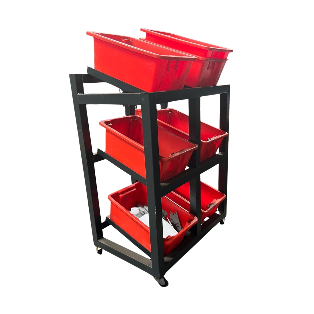 Custom shelving trolley with red bins by Reflex Equip