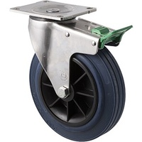 250KG Industrial Stainless Steel Hi Resilience Castor - Rubber Tyre - 200mm - Plate Direction Lock - Plain Bearing - NA