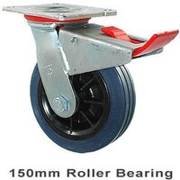 230kg Rated Industrial Hi Resilience Castor - Rubber Tyre - 150mm - Plate Brake - Roller Bearing - NA