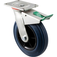 250kg Rated Industrial Hi Resilience Castor - Rubber Tyre - 200mm - Plate Direction Lock - Roller Bearing - ISO