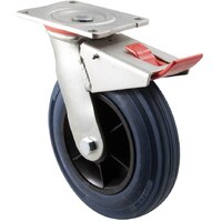 250kg Rated Industrial Hi Resilience Castor - Rubber Tyre - 200mm - Plate Brake - Roller Bearing - ISO