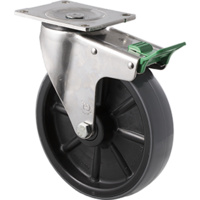 450KG Industrial Stainless Steel Polyurethane Castor - Nylon Tyre- 200mm - Plate Direction Lock - Roller Bearing - ISO