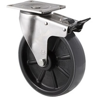 450KG Industrial Stainless Steel Polyurethane Castor - Nylon Tyre- 200mm - Plate Brake - Roller Bearing - NA