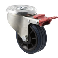 150KG Industrial High Resilience Castor - Rubber Tyre - 100 mm - Bolt Hole Brake - Plain Bearing