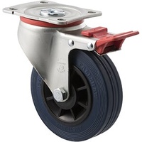 180kg Rated Industrial High Resilience Castor - Rubber Tyre - 125mm - Plate Brake - Plain Bearing