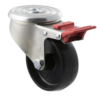 300KG Industrial Castors - Nylon Wheel - 100mm - Bolt Hole Brake - Plain Bearing