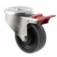 300KG Industrial Castors - Polyurethene Wheel - 100mm - Bolt Hole Brake - Plain Bearing
