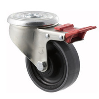 300kg Rated Industrial Castors - Polyurethene Wheel - 100mm - Bolt Hole Brake - Plain Bearing