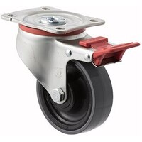 300kg Rated Industrial Castors - Polyurethene Wheel - 100mm - Plate Brake - Plain Bearing