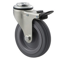 50kg Rated Light Duty Castor - Rubber Wheel - 100mm - Bolt Hole Brake - Plain Bearing
