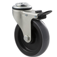 100KG Industrial Castor - Polyurethane Wheel - 100mm - Bolt Hole Brake - Ball Bearing