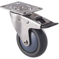 85kg Rated Stainless Steel Heavy Duty Castor - TPE Wheel - 100mm - Plate Brake - Ball Bearing - ISO