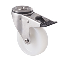 150kg Rated Stainless Steel Heavy Duty Castor - Nylon Wheel - 100mm - Bolt Hole Brake - Plain Bearing