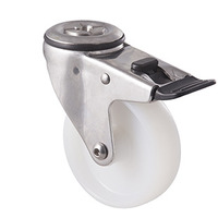 150kg Rated Stainless Steel Heavy Duty Castor - Nylon Wheel - 100mm - Bolt Hole Brake - Plain Bearing