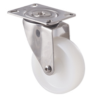 150kg Rated Stainless Steel Heavy Duty Castor - Nylon Wheel - 100mm - Plate Swivel - Plain Bearing - ISO