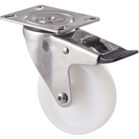 150kg Rated Stainless Steel Heavy Duty Castor - Nylon Wheel - 100mm - Plate Brake - Plain Bearing - ISO